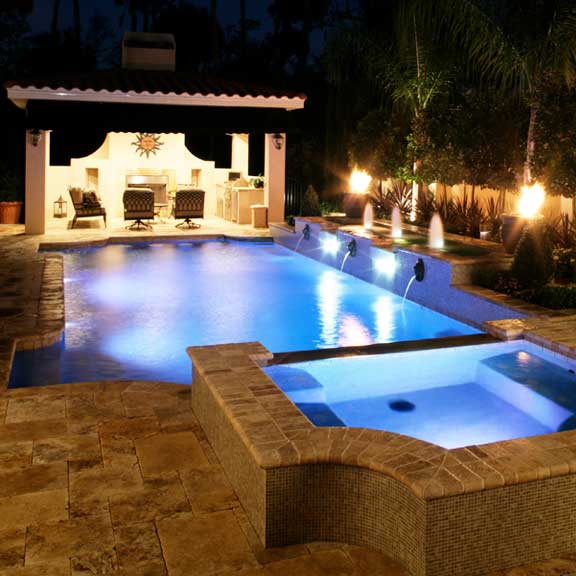  arc and tangent linear pool design with fountain fire