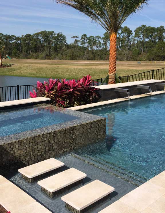 linear pool design, metal water features